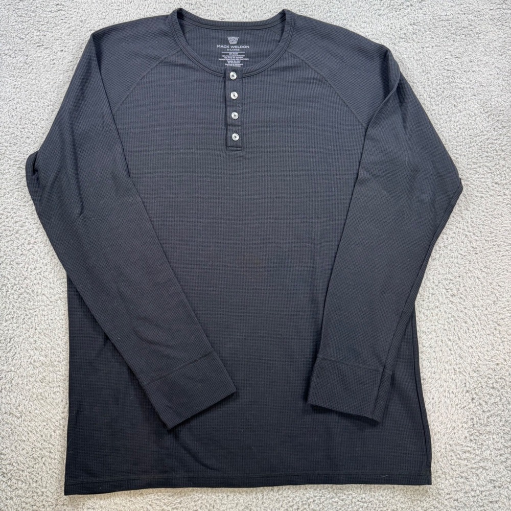 Mack Weldon Mens XL Black Waffle Knit Thermal Henley Long Sleeve Shirt